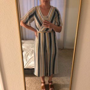blue and yellow striped jumpsuit